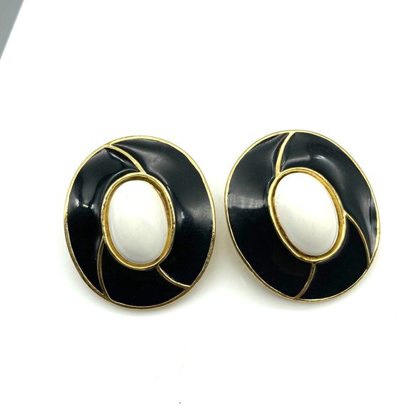 Basic Chic Earrings, Black Enamel and Gold Tone Studs with White Cabochon Center - Picture 4 of 6